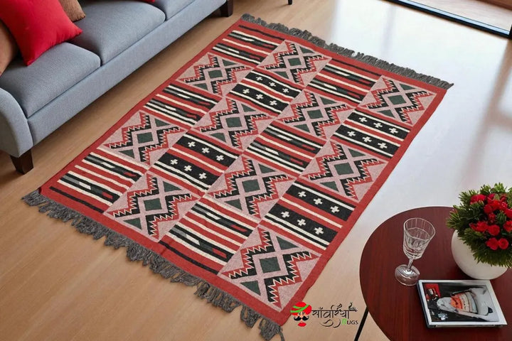 Kilim Rug Handwoven Multi Color Wool & Jute | Indian Dhurrie