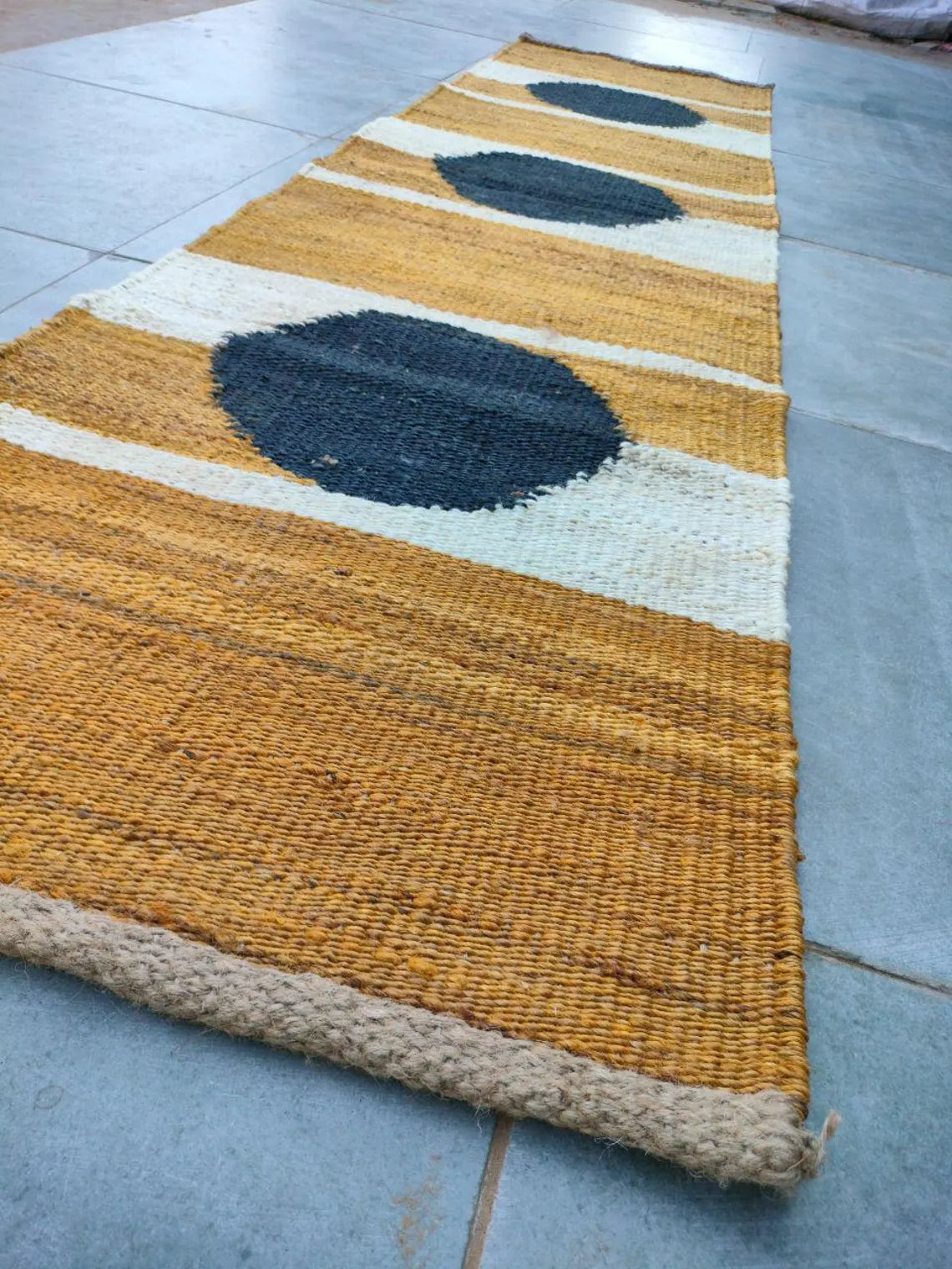 Handwoven Hemp Jute Runner with Yellow–White–Black Circular Artisan Pattern