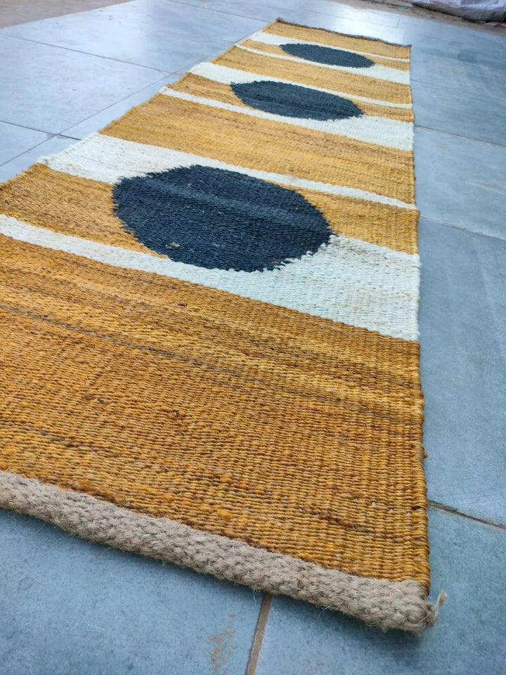 Handwoven Hemp Jute Runner with Yellow–White–Black Circular Artisan Pattern
