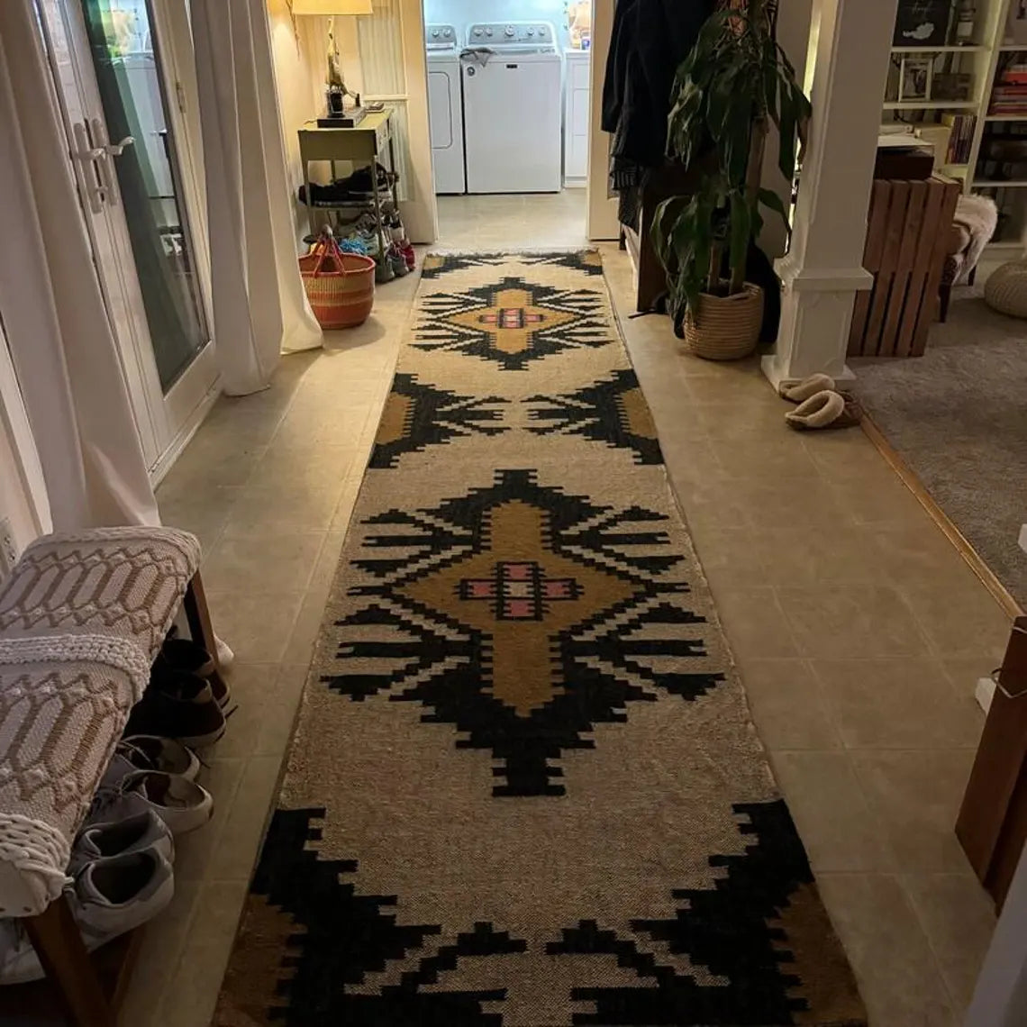 Handwoven Wool Jute Kilim Runner Rug with Traditional Geometric Motifs