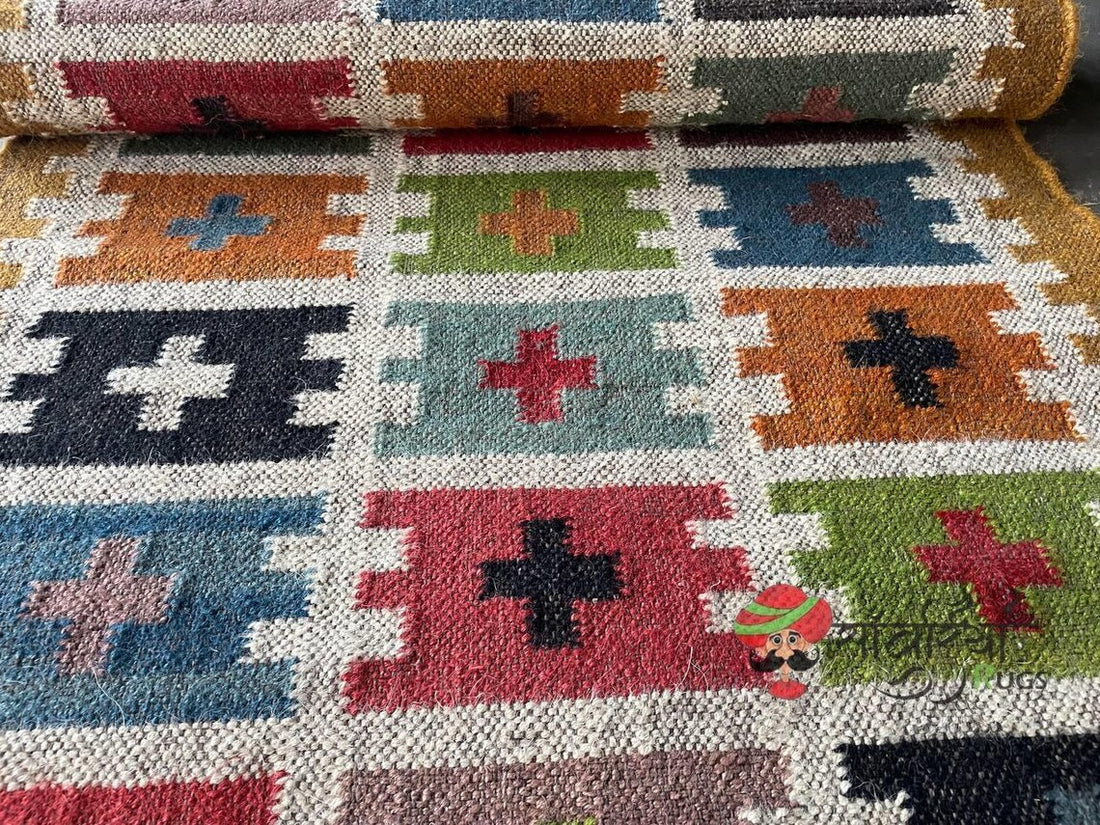 Handwoven Wool Jute Kilim Runner Oriental Tribal Geometric Pattern Rug