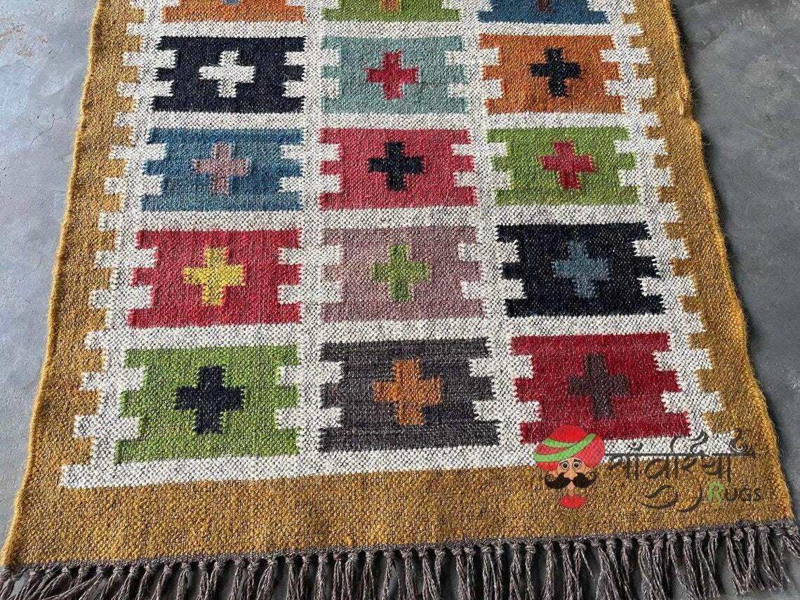 Handwoven Wool Jute Kilim Runner Oriental Tribal Geometric Pattern Rug