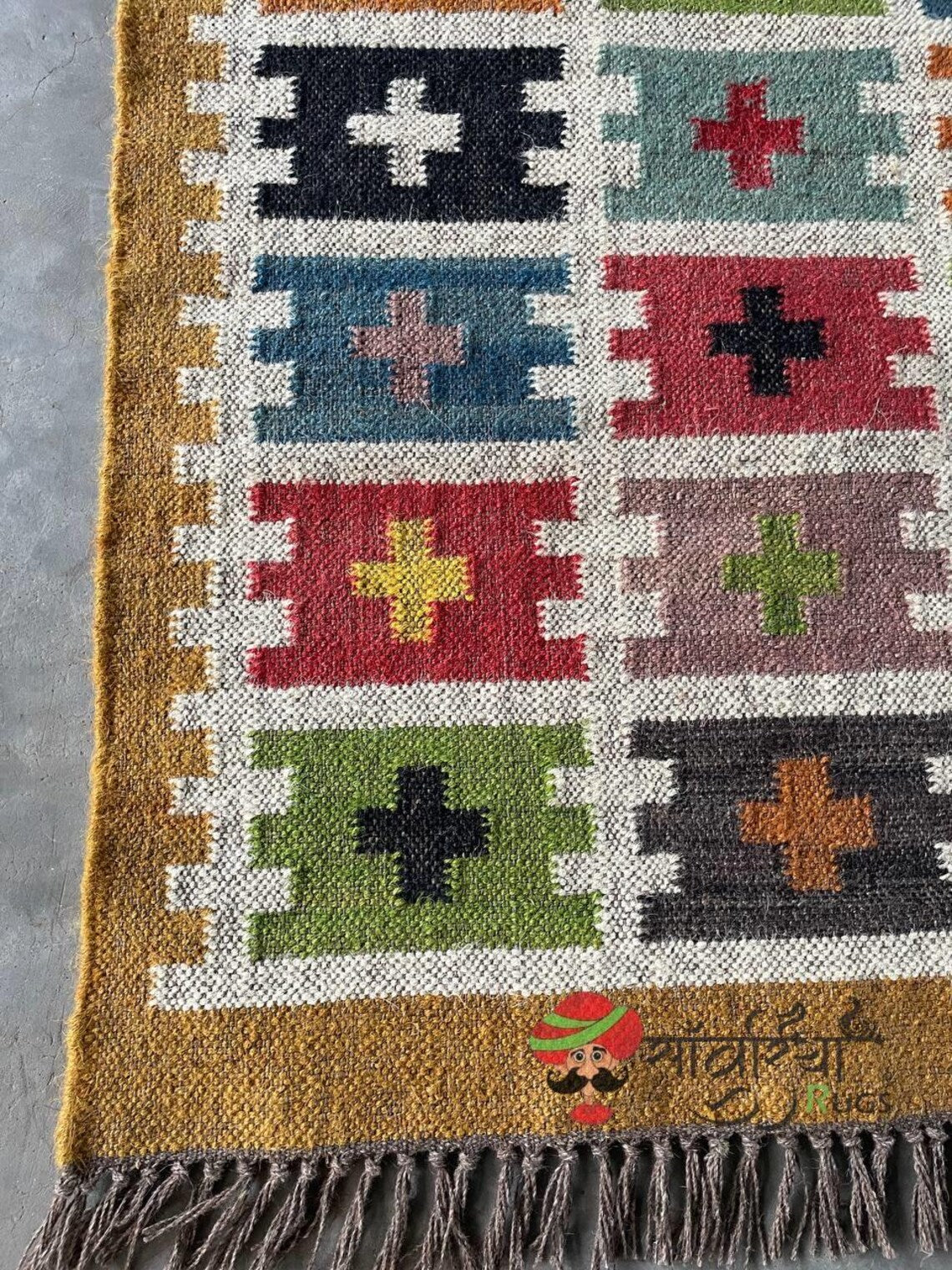 Handwoven Wool Jute Kilim Runner Oriental Tribal Geometric Pattern Rug