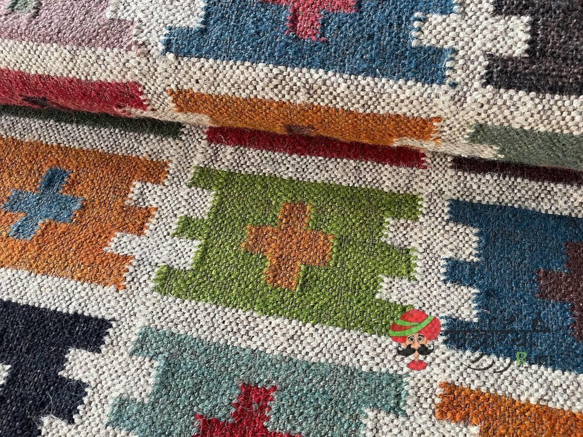 Handwoven Wool Jute Kilim Runner Oriental Tribal Geometric Pattern Rug