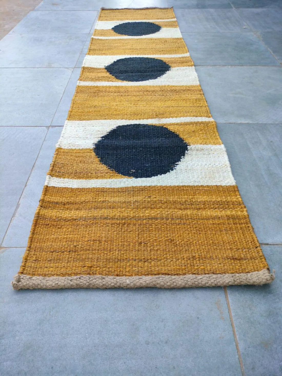 Handwoven Hemp Jute Runner with Yellow–White–Black Circular Artisan Pattern