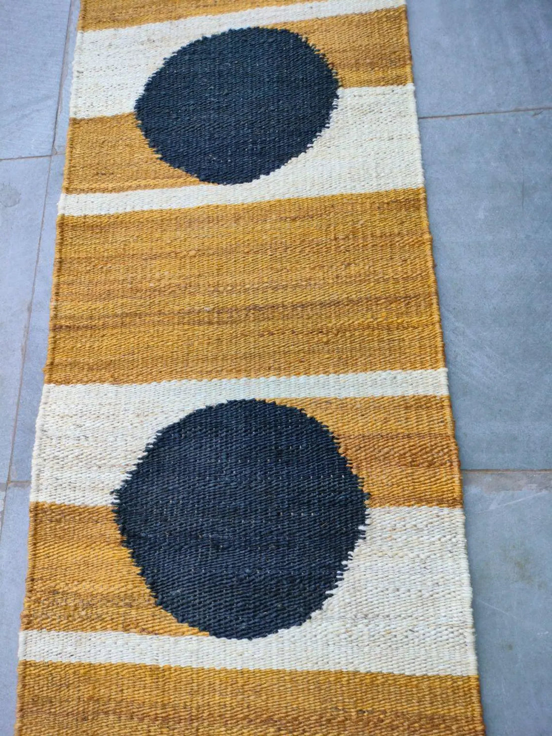 Handwoven Hemp Jute Runner with Yellow–White–Black Circular Artisan Pattern