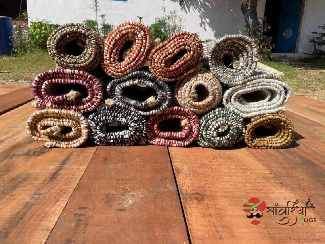 Handmade Hemp Jute Rug Runner – Natural & Yellow Design