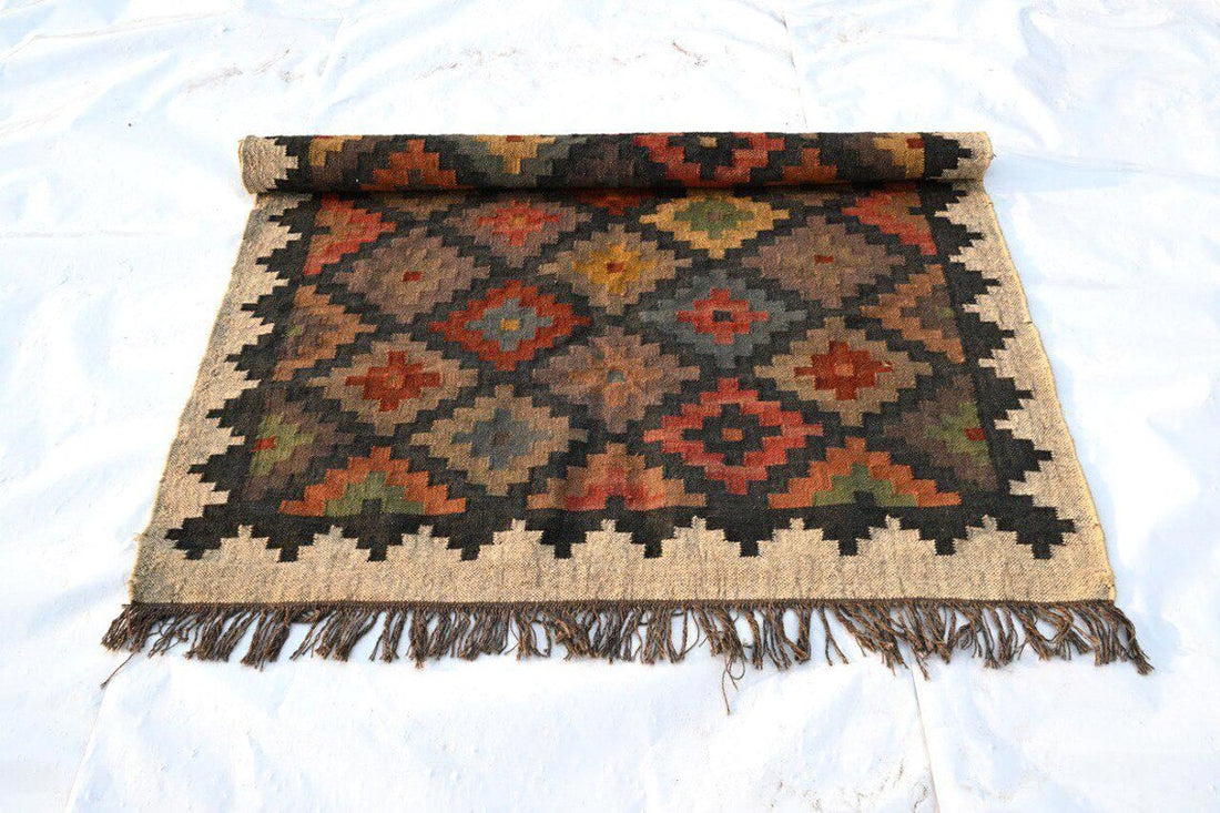 Multicolor Handwoven Kilim Rug | Wool & Jute Bohemian Flatweave | Indian Navajo Dhurrie