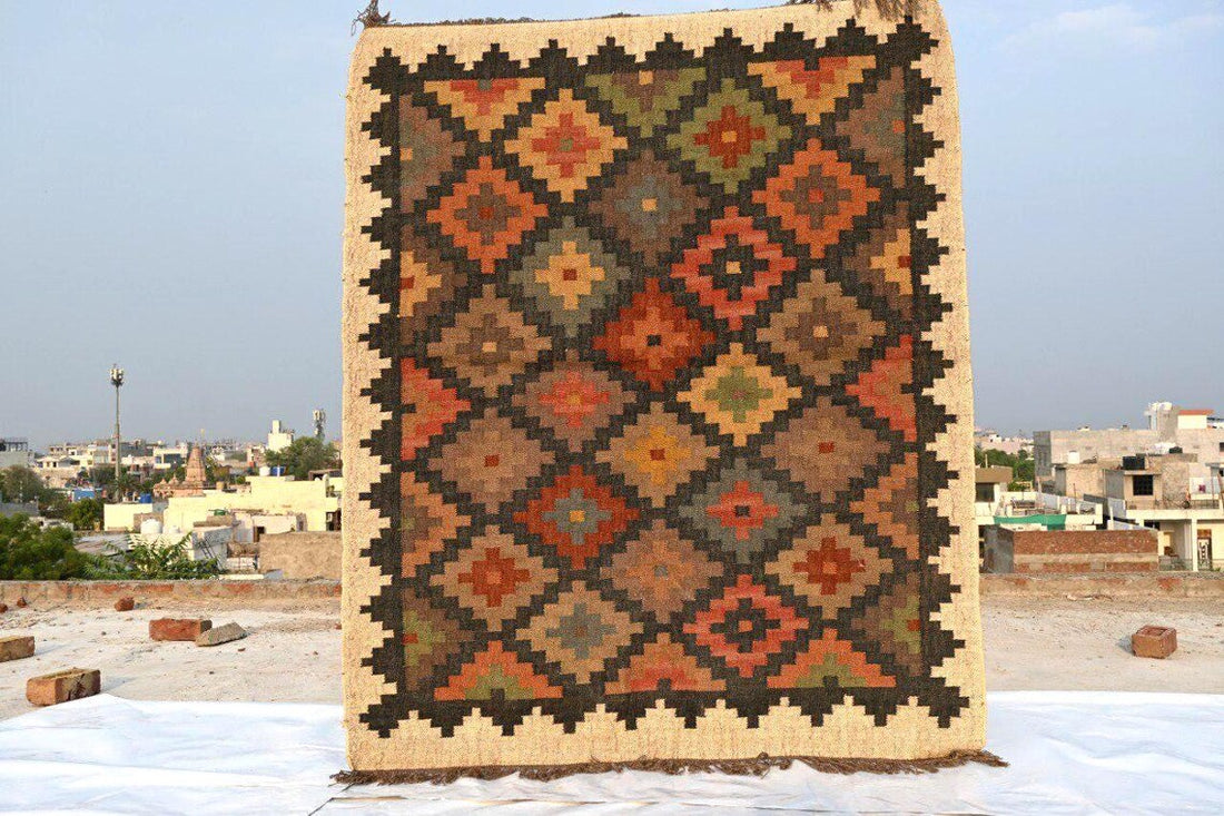 Multicolor Handwoven Kilim Rug | Wool & Jute Bohemian Flatweave | Indian Navajo Dhurrie