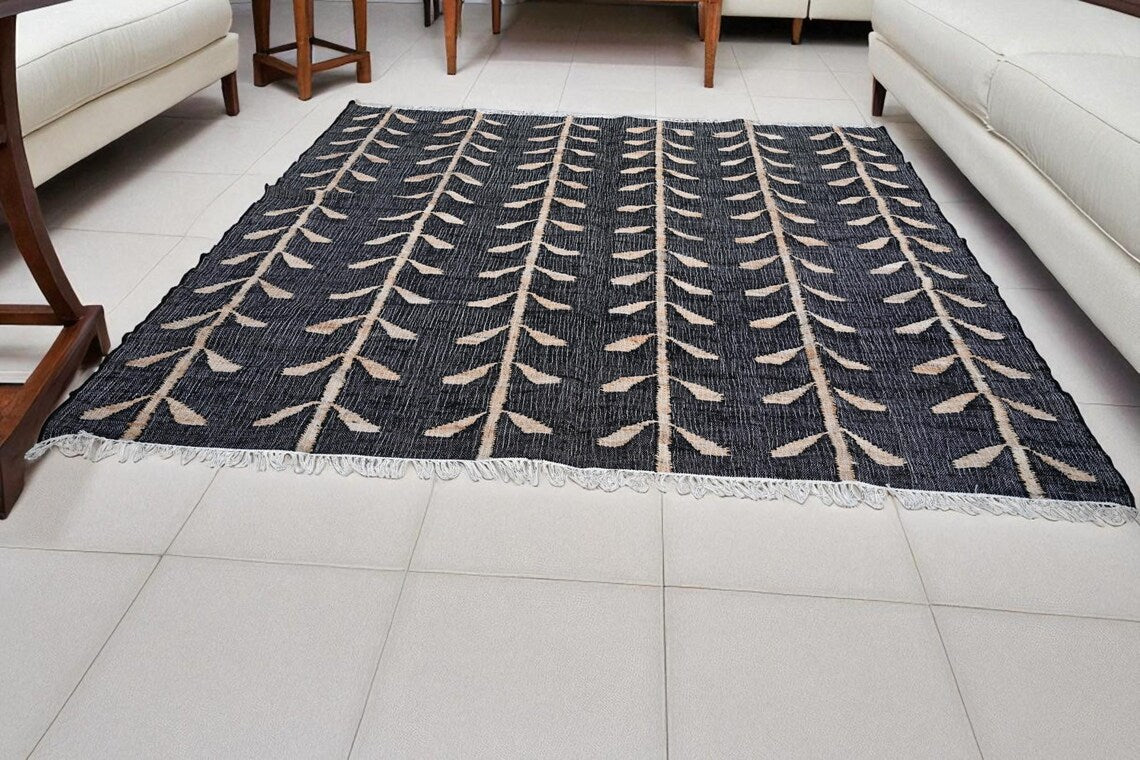 Handwoven Jute Cotton Rug | Bohemian Floral Runner | Eco-Friendly Natural Area Rug for Living Room & Bedroom | Sanwariya Rugs