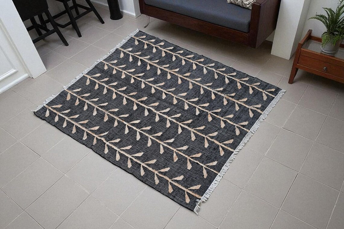 Handwoven Jute Cotton Rug | Bohemian Floral Runner | Eco-Friendly Natural Area Rug for Living Room & Bedroom | Sanwariya Rugs