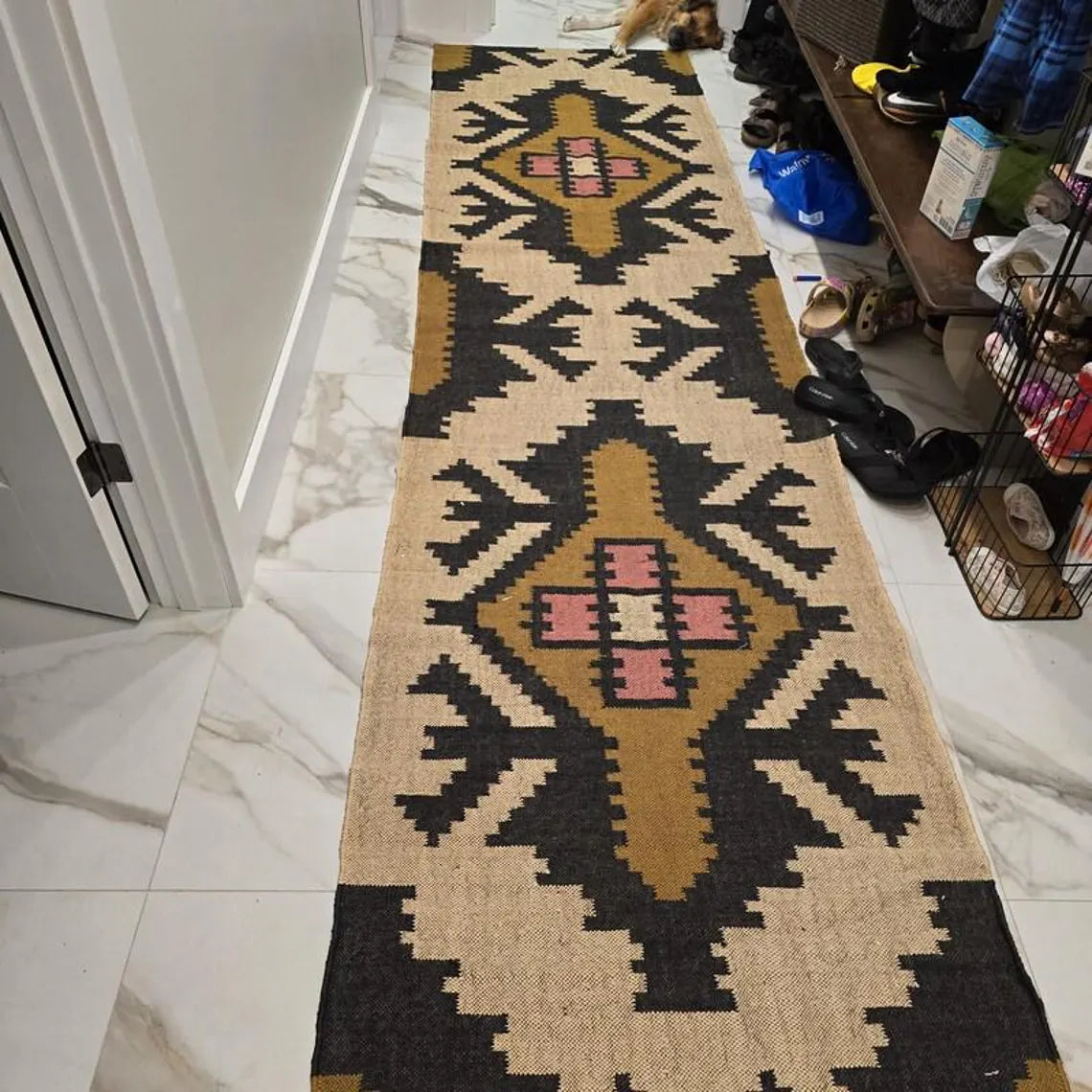 Handwoven Wool Jute Kilim Runner Rug with Traditional Geometric Motifs