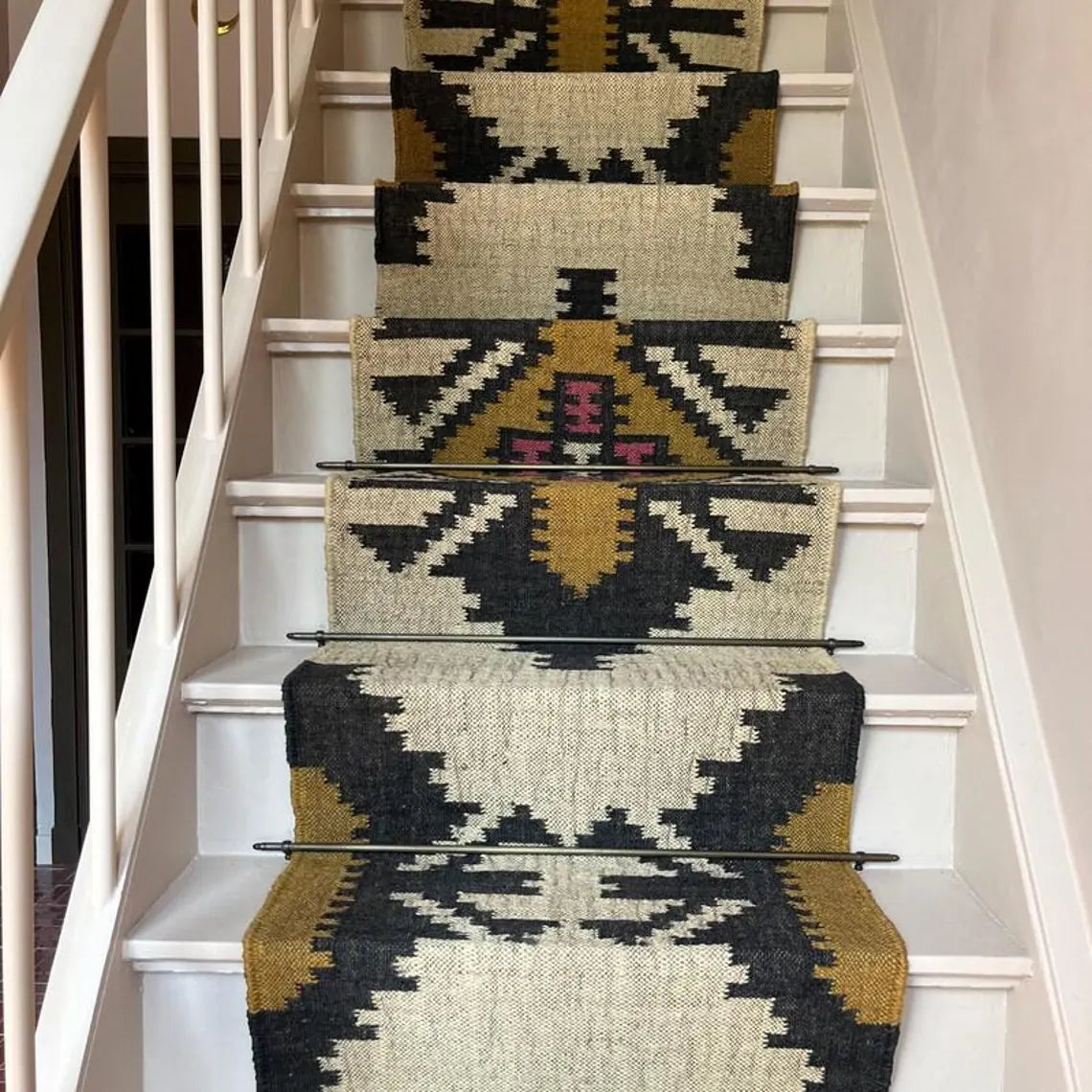 Handwoven Wool Jute Kilim Runner Rug with Traditional Geometric Motifs