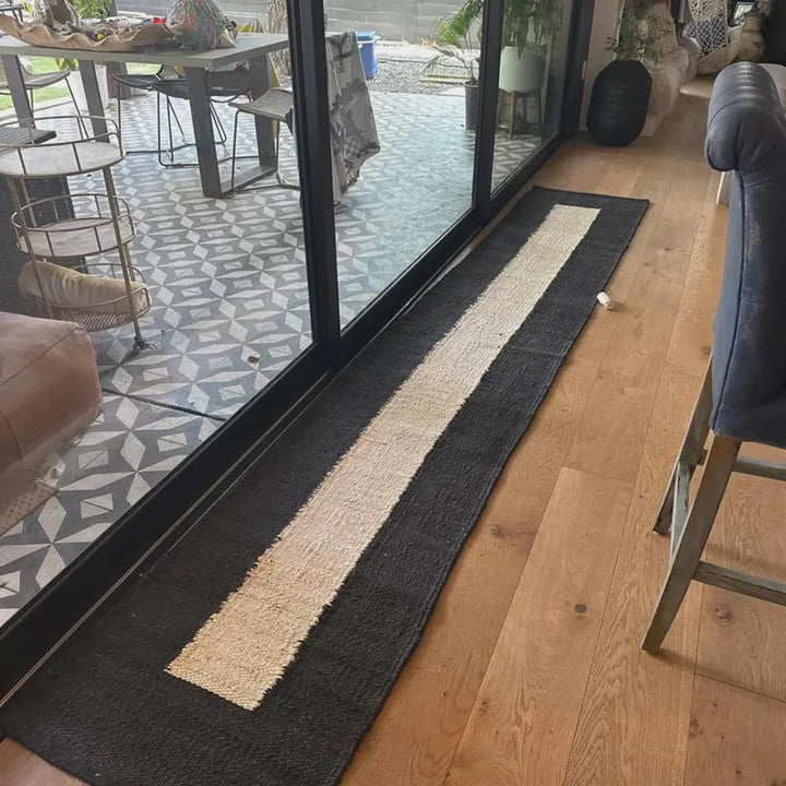 Handwoven Hemp Jute Runner with Black & Off-White Geometric Stripe Pattern