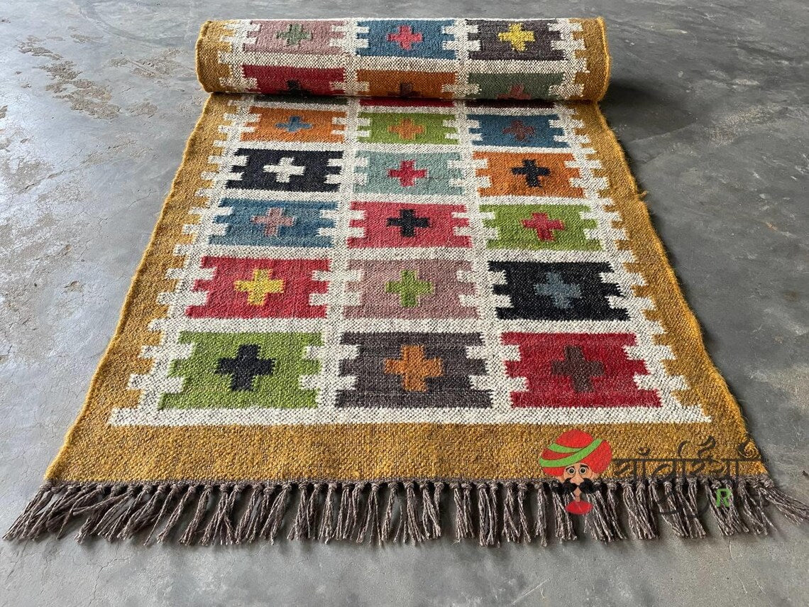 Handwoven Wool Jute Kilim Runner Oriental Tribal Geometric Pattern Rug