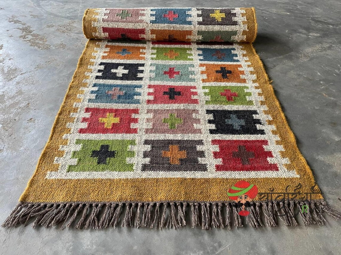 Handwoven Wool Jute Kilim Runner Oriental Tribal Geometric Pattern Rug