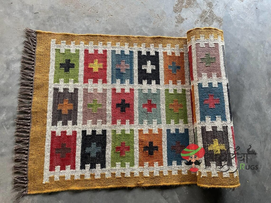 Handwoven Wool Jute Kilim Runner Oriental Tribal Geometric Pattern Rug