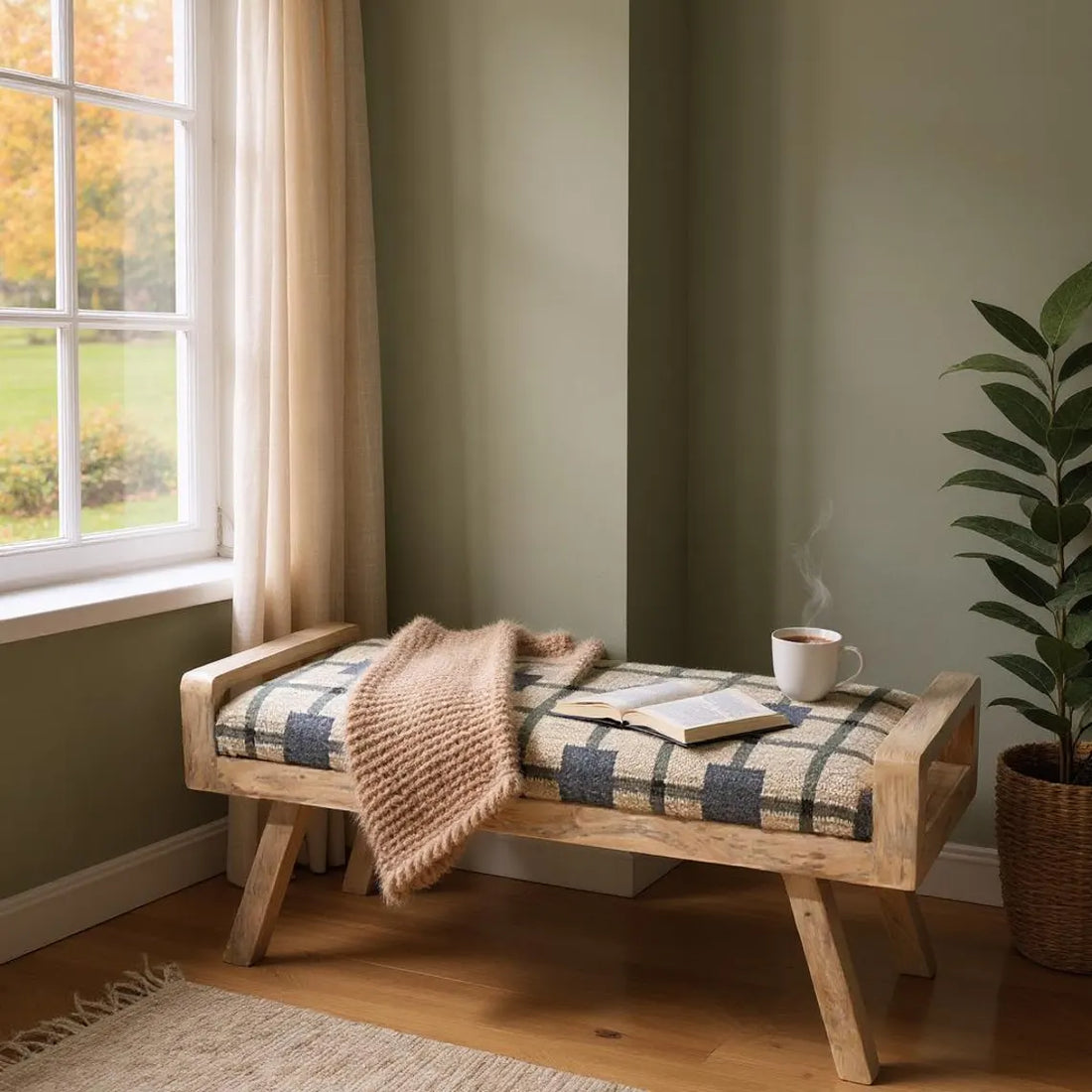 Wooden Folding Kilim Rug Bench – Boho Wool Jute Upholstered Seat