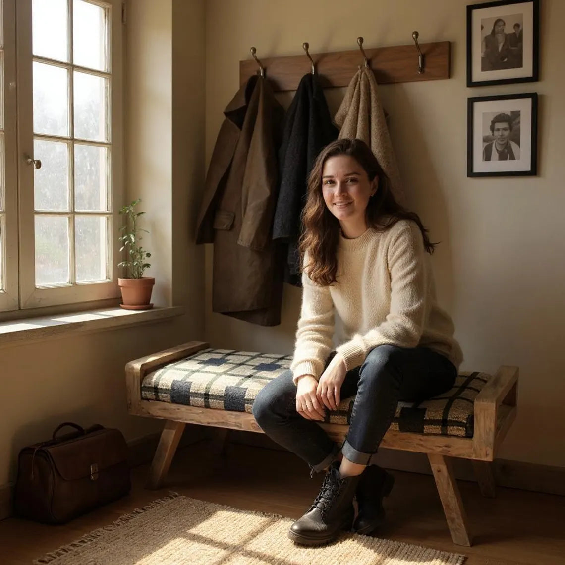 Wooden Folding Kilim Rug Bench – Boho Wool Jute Upholstered Seat