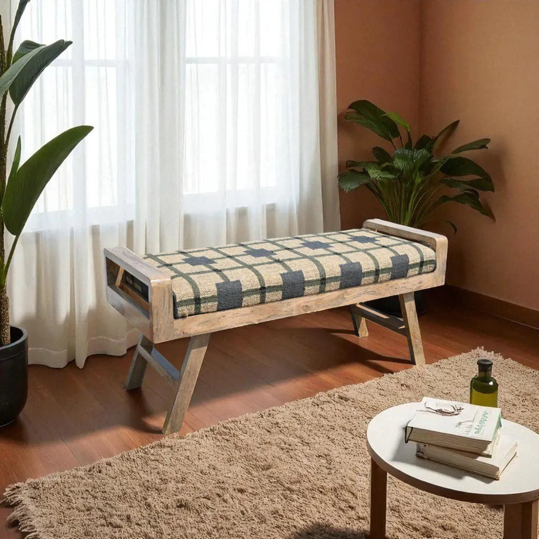 Wooden Folding Kilim Rug Bench – Boho Wool Jute Upholstered Seat