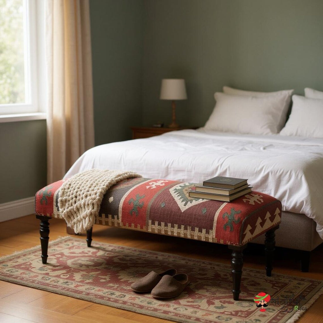 Handmade Kilim Rug Ottoman Bench – Wool Jute Footstool