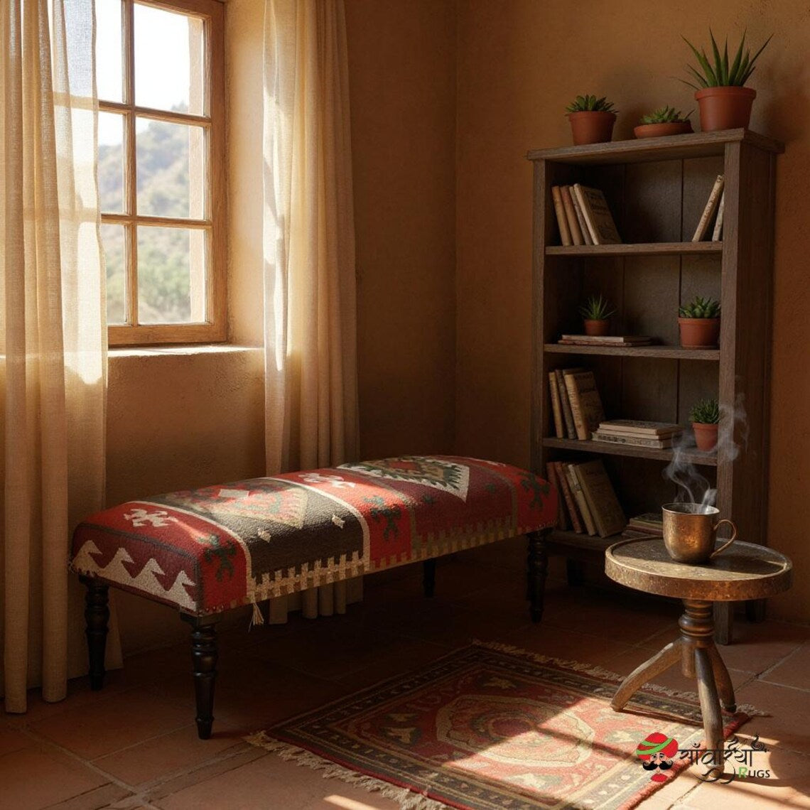 Handmade Kilim Rug Ottoman Bench – Wool Jute Footstool