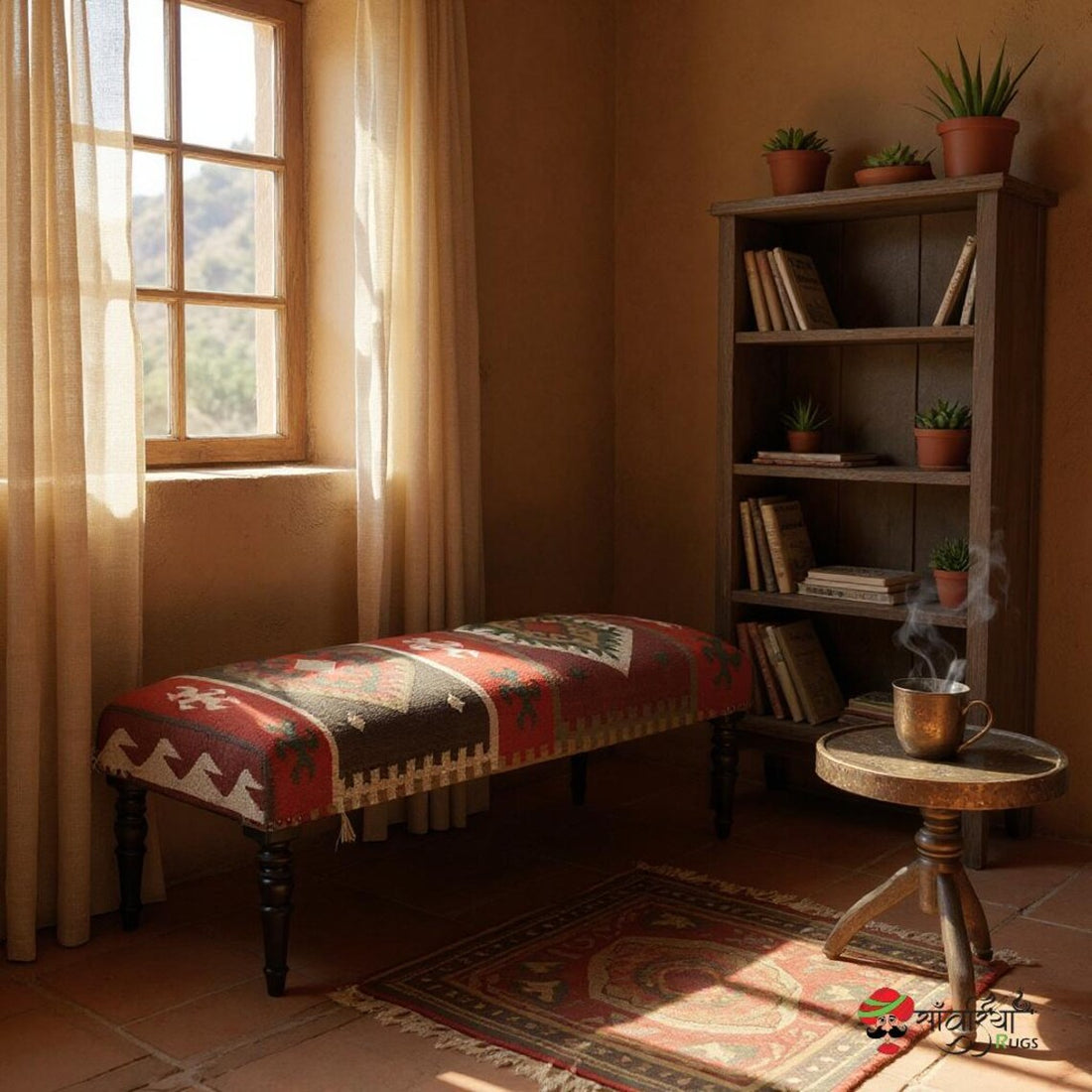 Handmade Kilim Rug Ottoman Bench – Wool Jute Footstool