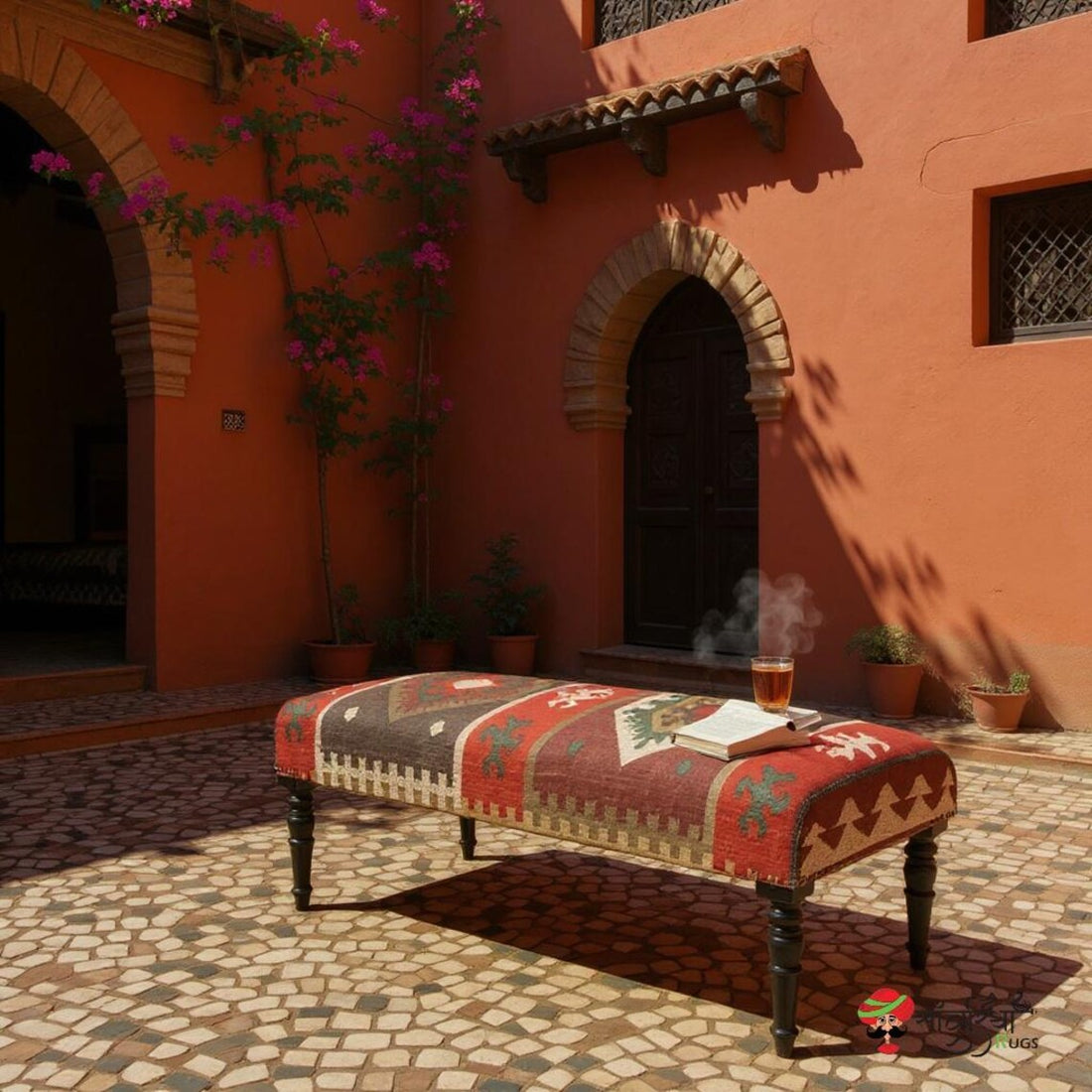 Handmade Kilim Rug Ottoman Bench – Wool Jute Footstool