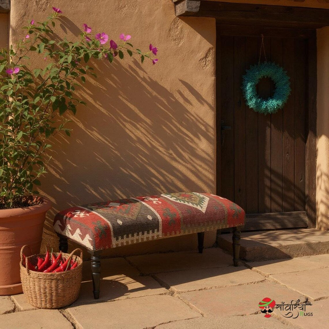 Handmade Kilim Rug Ottoman Bench – Wool Jute Footstool