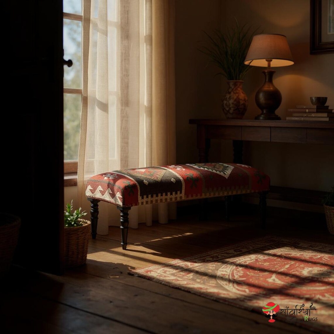 Handmade Kilim Rug Ottoman Bench – Wool Jute Footstool