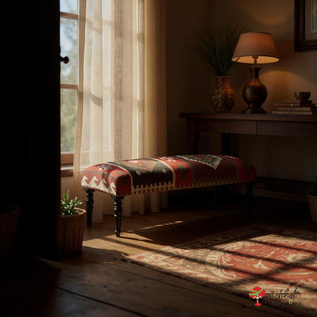 Handmade Kilim Rug Ottoman Bench – Wool Jute Footstool