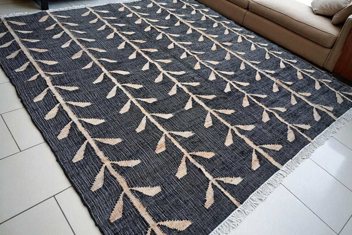 Handwoven Jute Cotton Rug | Bohemian Floral Runner | Eco-Friendly Natural Area Rug for Living Room & Bedroom | Sanwariya Rugs