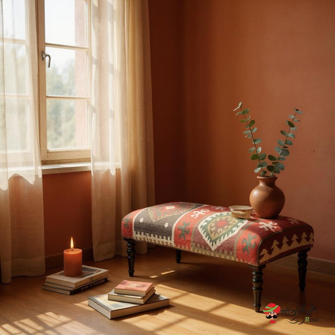 Handmade Kilim Rug Ottoman Bench – Wool Jute Footstool