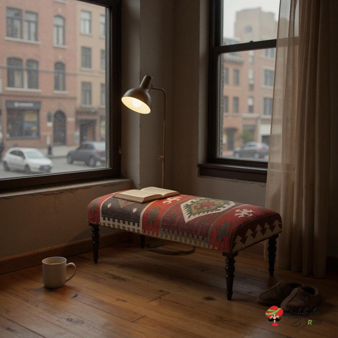 Handmade Kilim Rug Ottoman Bench – Wool Jute Footstool