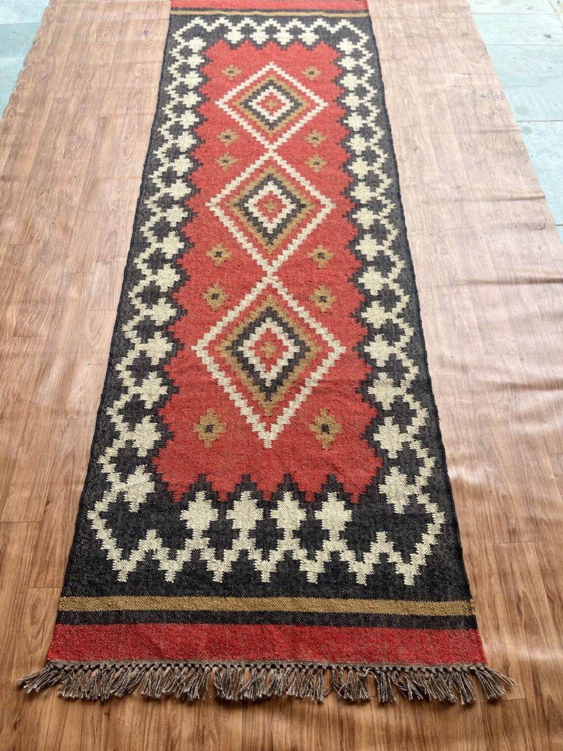 Handwoven Wool Jute Kilim Runner Oriental Geometric Rug