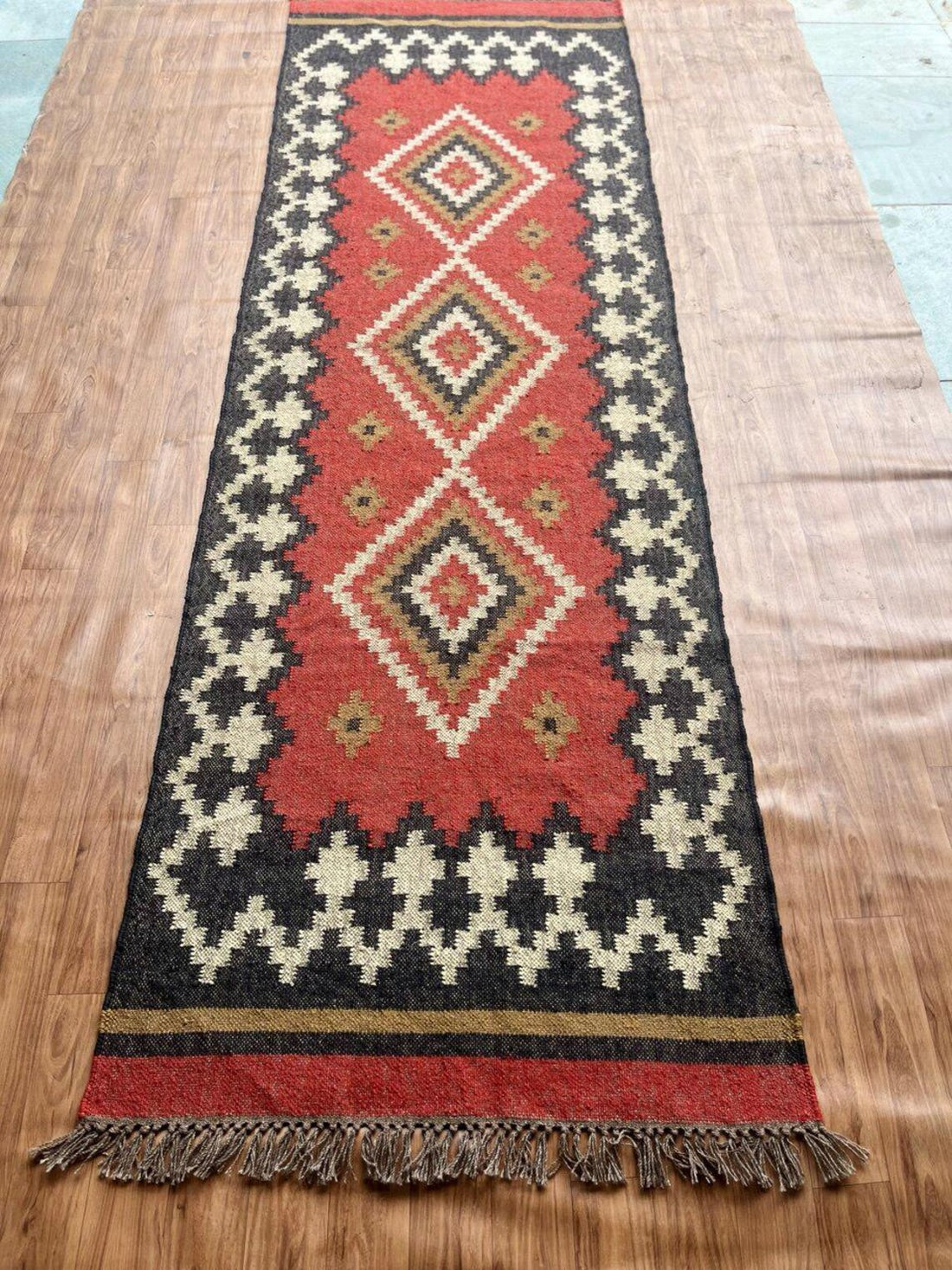 Handwoven Wool Jute Kilim Runner Oriental Geometric Rug