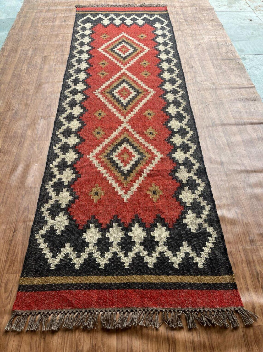 Handwoven Wool Jute Kilim Runner Oriental Geometric Rug