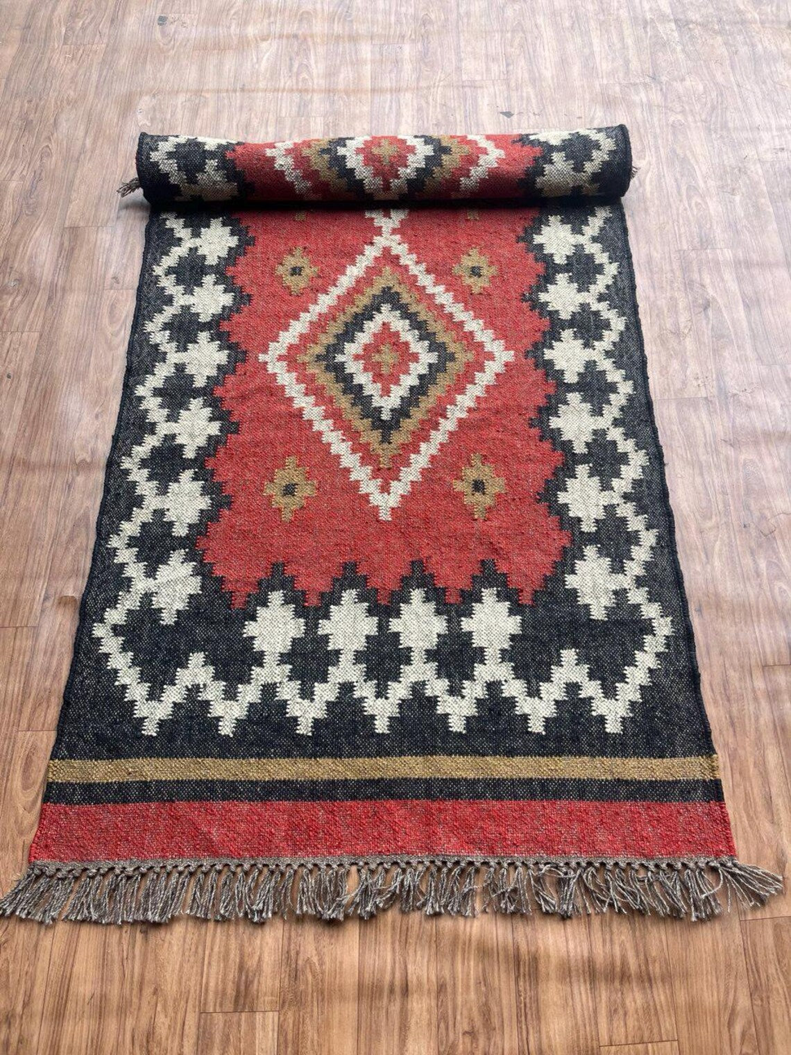 Handwoven Wool Jute Kilim Runner Oriental Geometric Rug