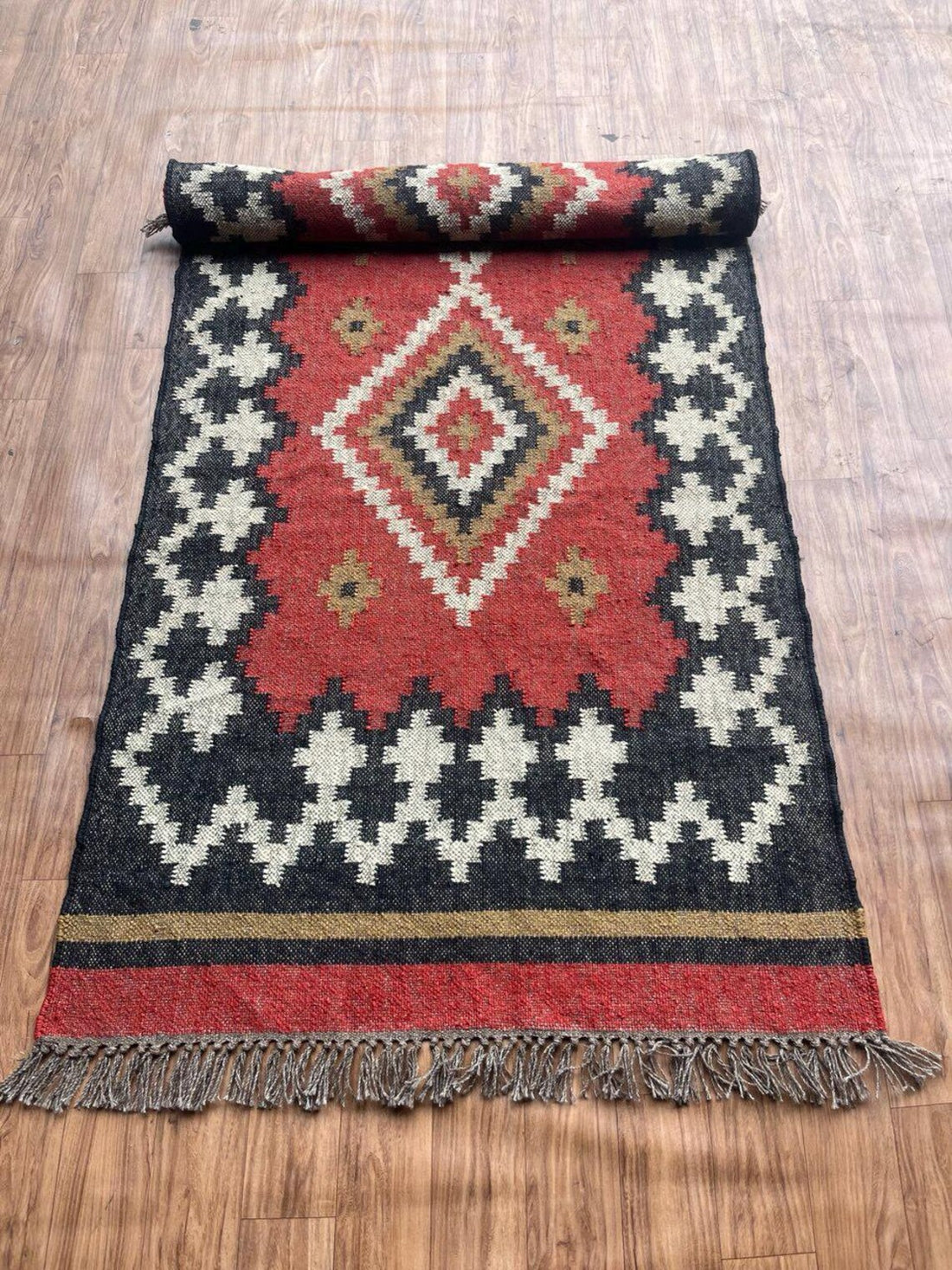 Handwoven Wool Jute Kilim Runner Oriental Geometric Rug