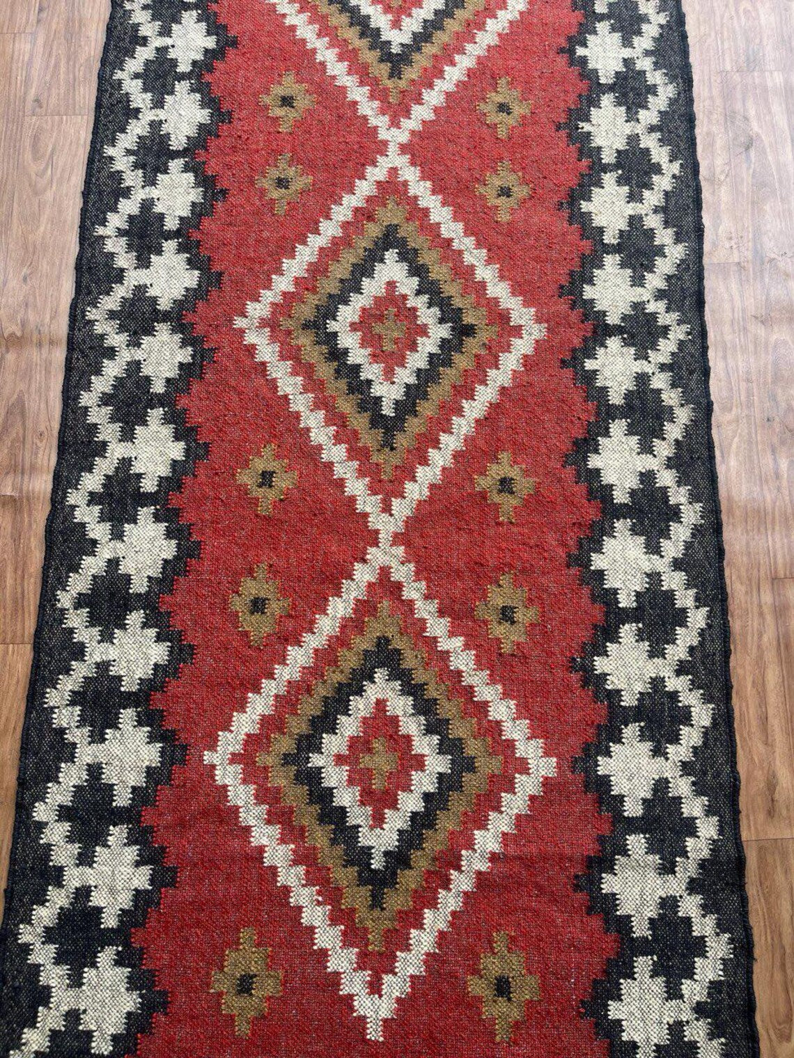Handwoven Wool Jute Kilim Runner Oriental Geometric Rug