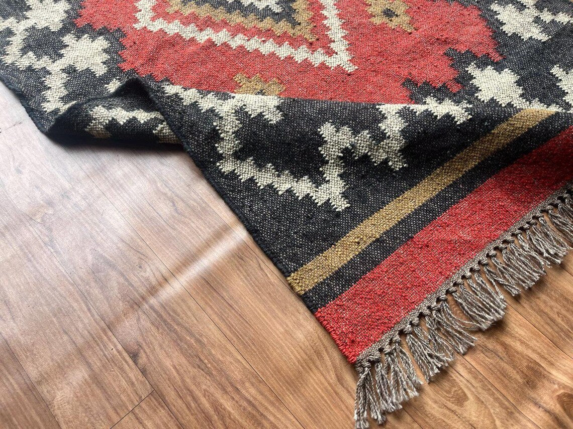 Handwoven Wool Jute Kilim Runner Oriental Geometric Rug