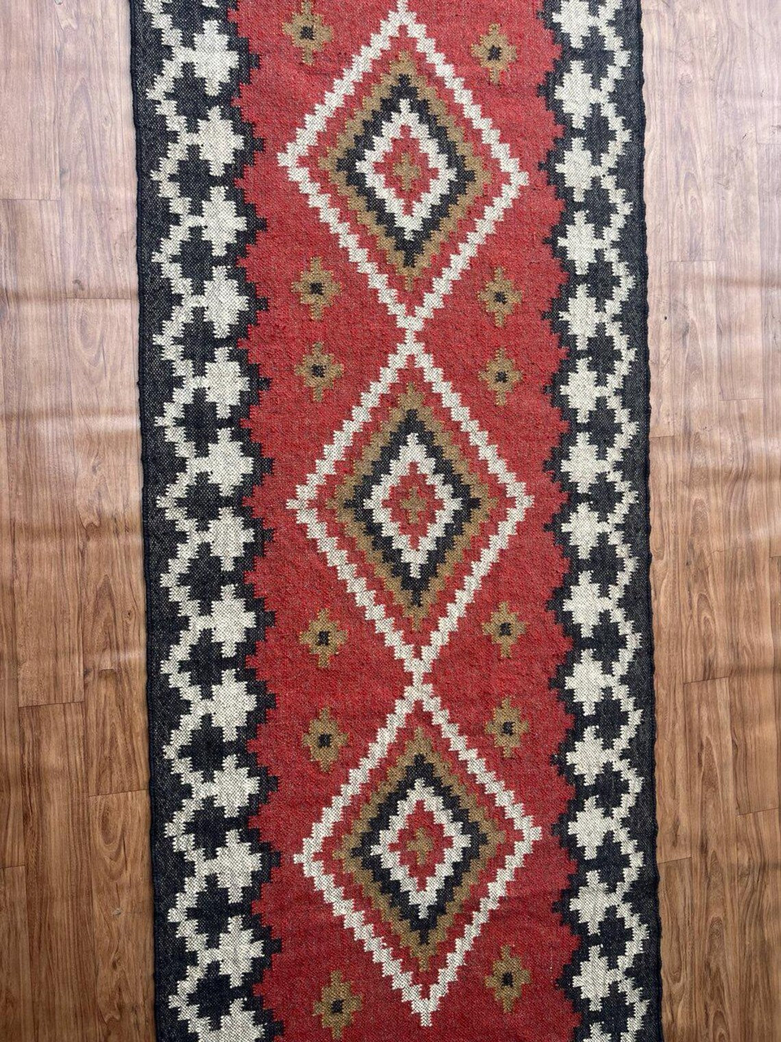 Handwoven Wool Jute Kilim Runner Oriental Geometric Rug