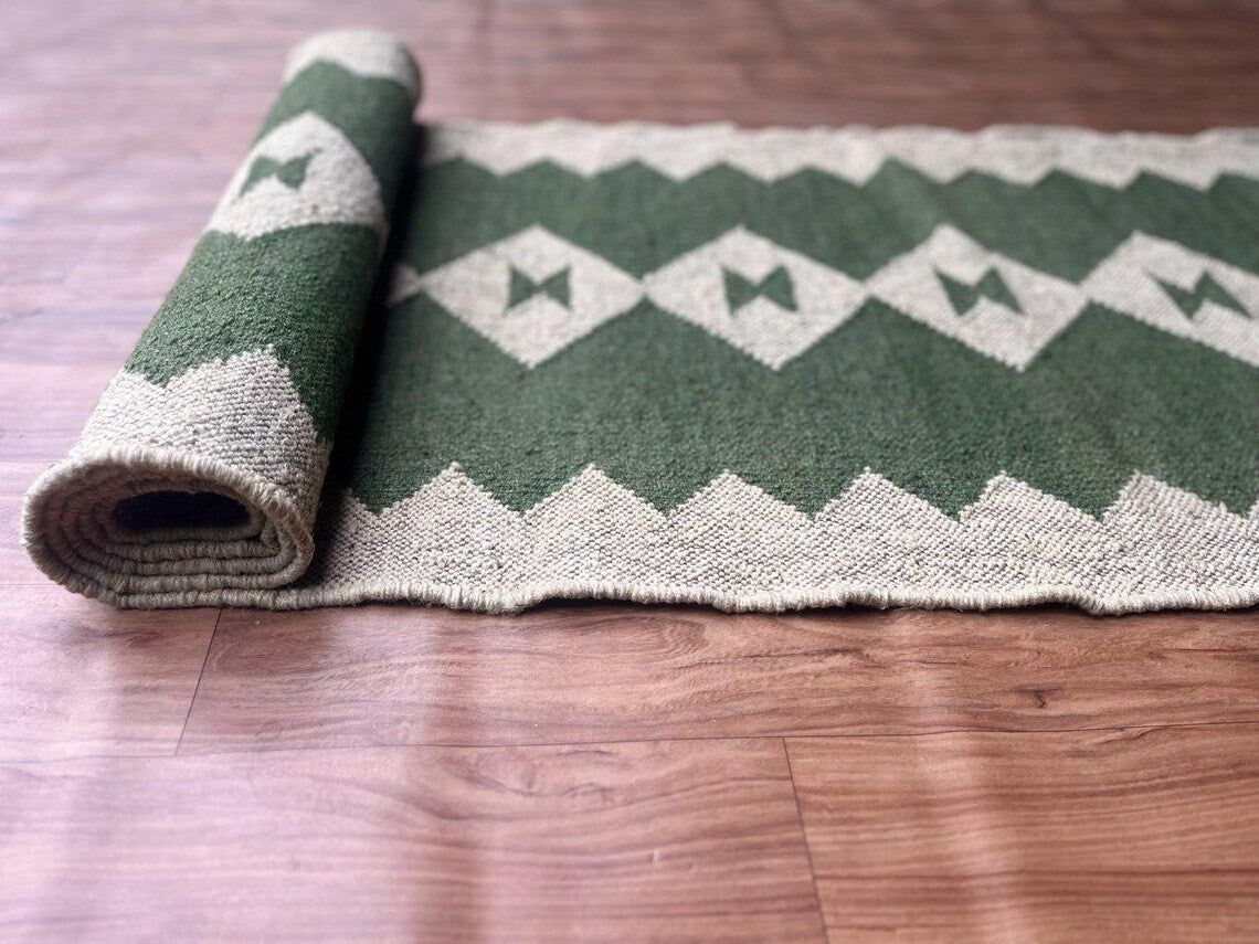 Handwoven Wool Jute Kilim Long Runner with Vintage Tribal Geometric Patterns
