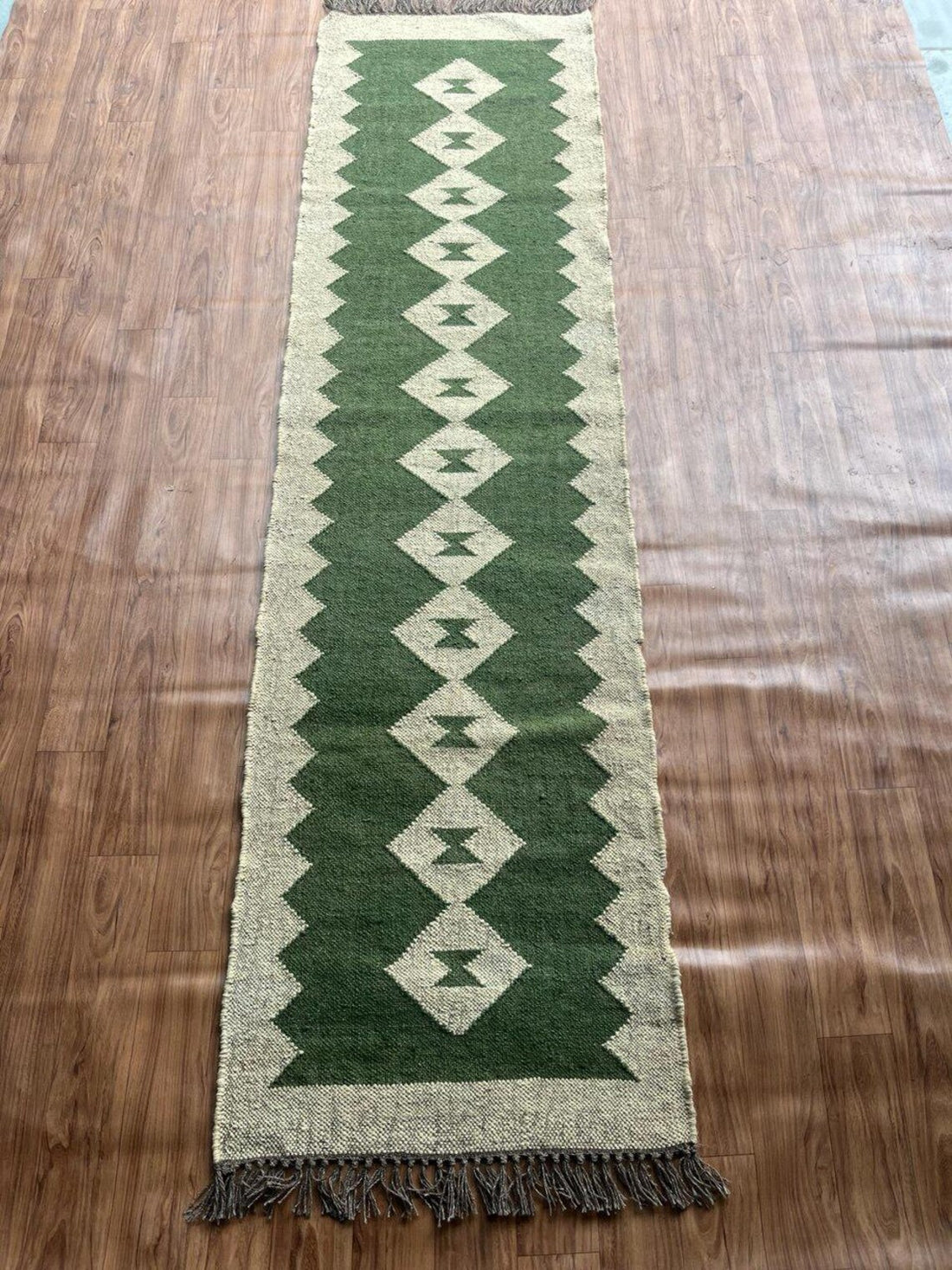 Handwoven Wool Jute Kilim Long Runner with Vintage Tribal Geometric Patterns