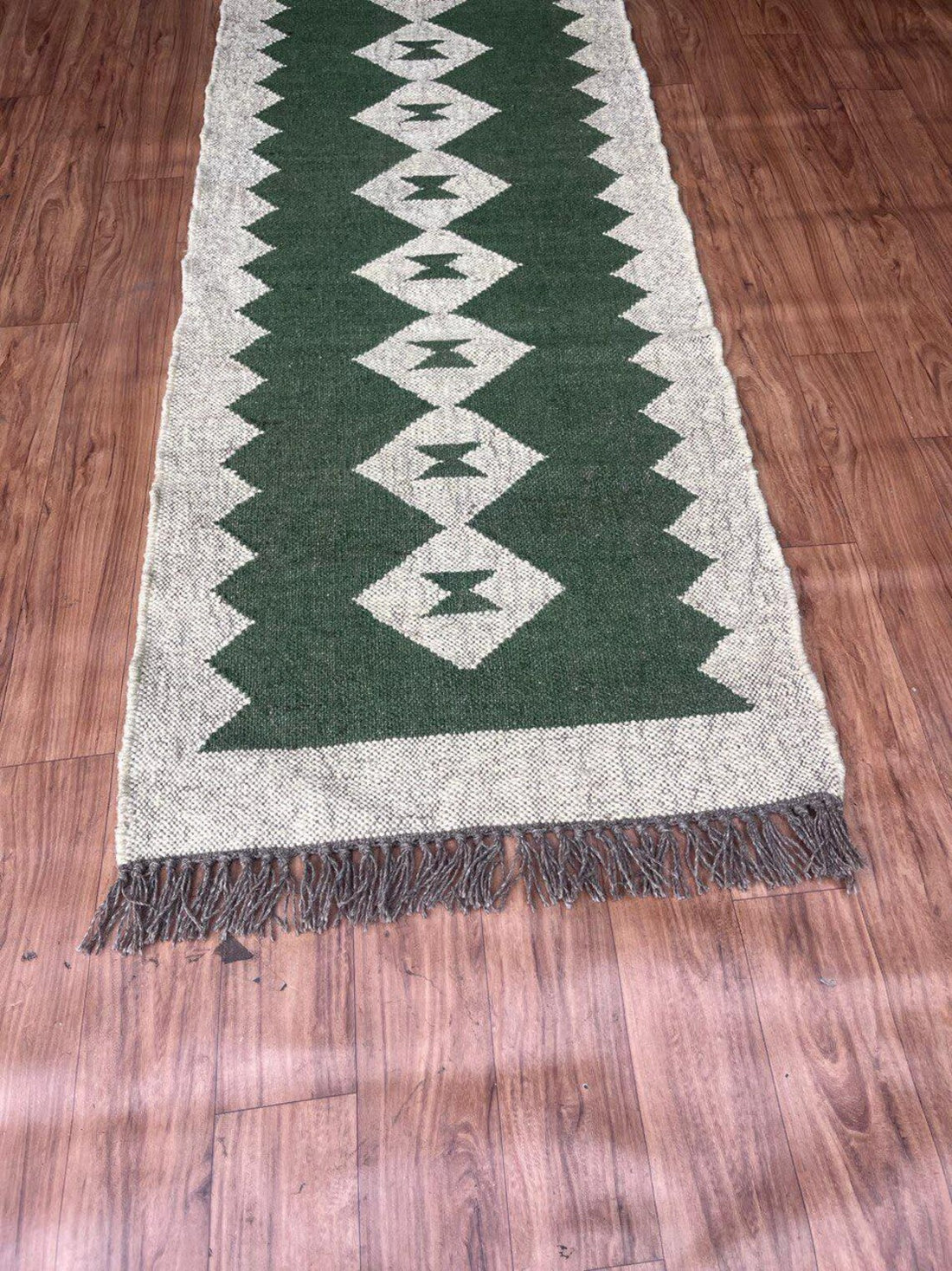 Handwoven Wool Jute Kilim Long Runner with Vintage Tribal Geometric Patterns