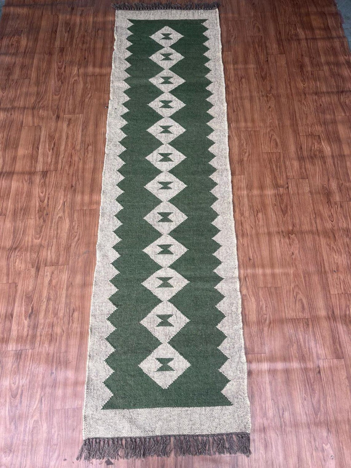 Handwoven Wool Jute Kilim Long Runner with Vintage Tribal Geometric Patterns