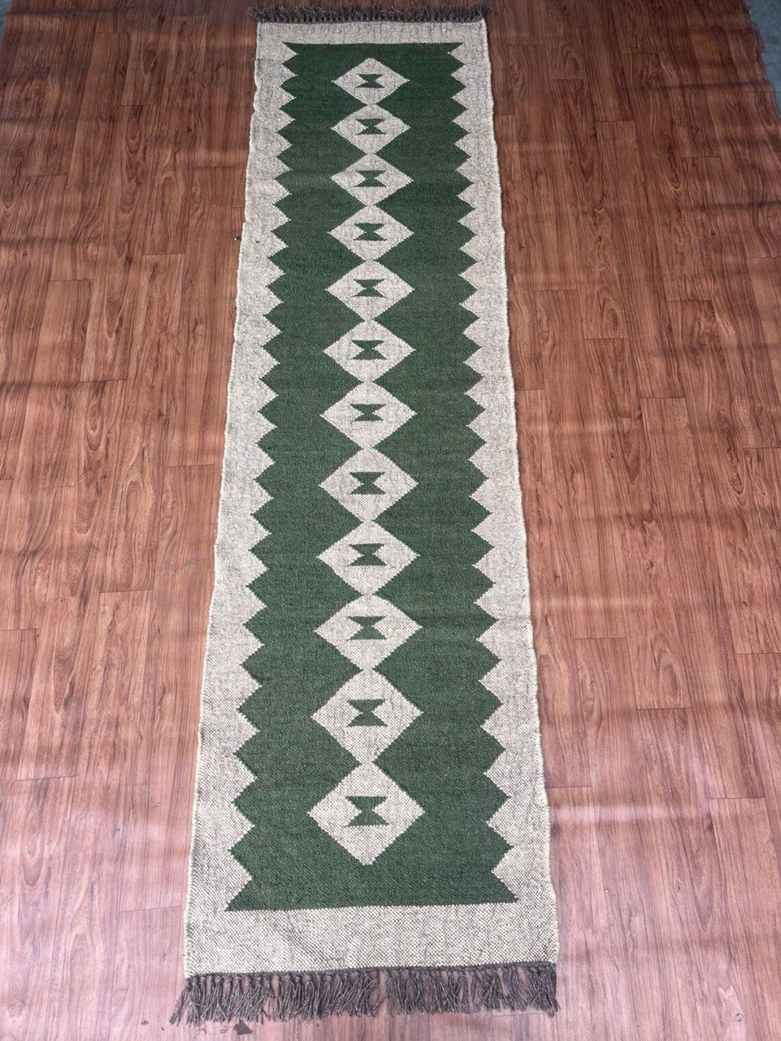 Handwoven Wool Jute Kilim Long Runner with Vintage Tribal Geometric Patterns
