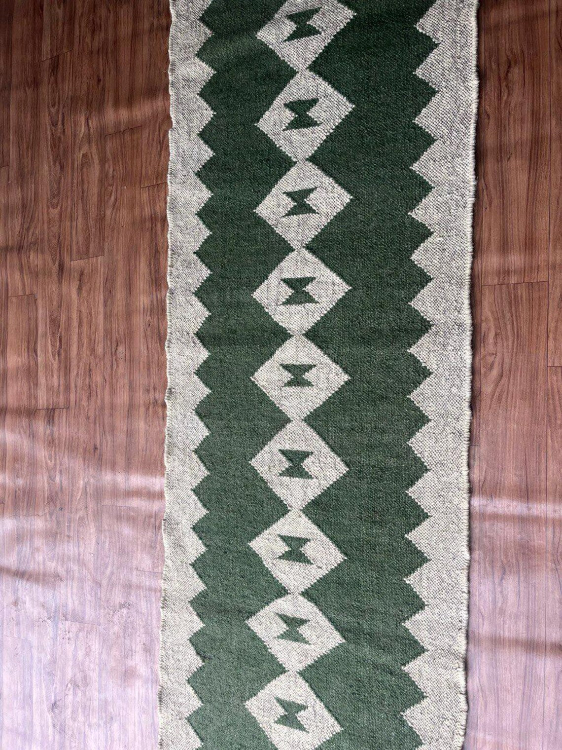 Handwoven Wool Jute Kilim Long Runner with Vintage Tribal Geometric Patterns
