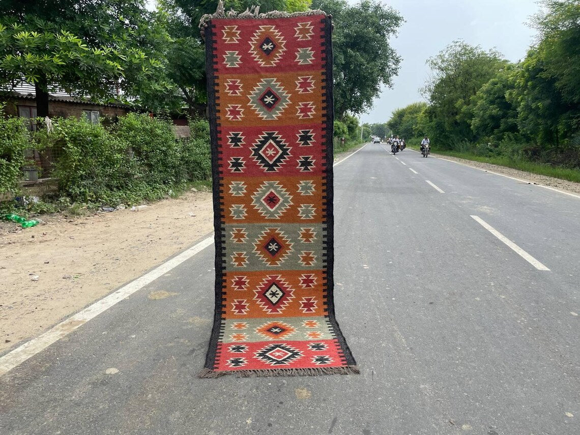 Handwoven Wool Jute Kilim Runner Geometric Dhurrie Rug