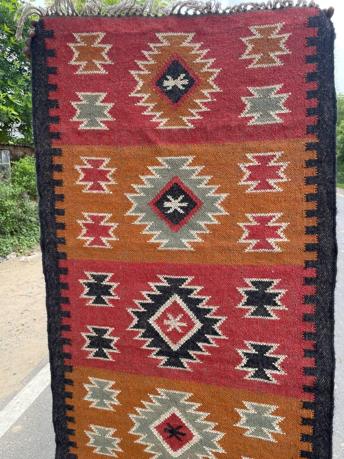 Handwoven Wool Jute Kilim Runner Geometric Dhurrie Rug